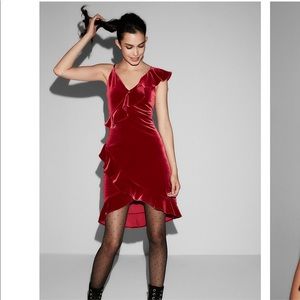 petite velvet ruffle one shoulder dress